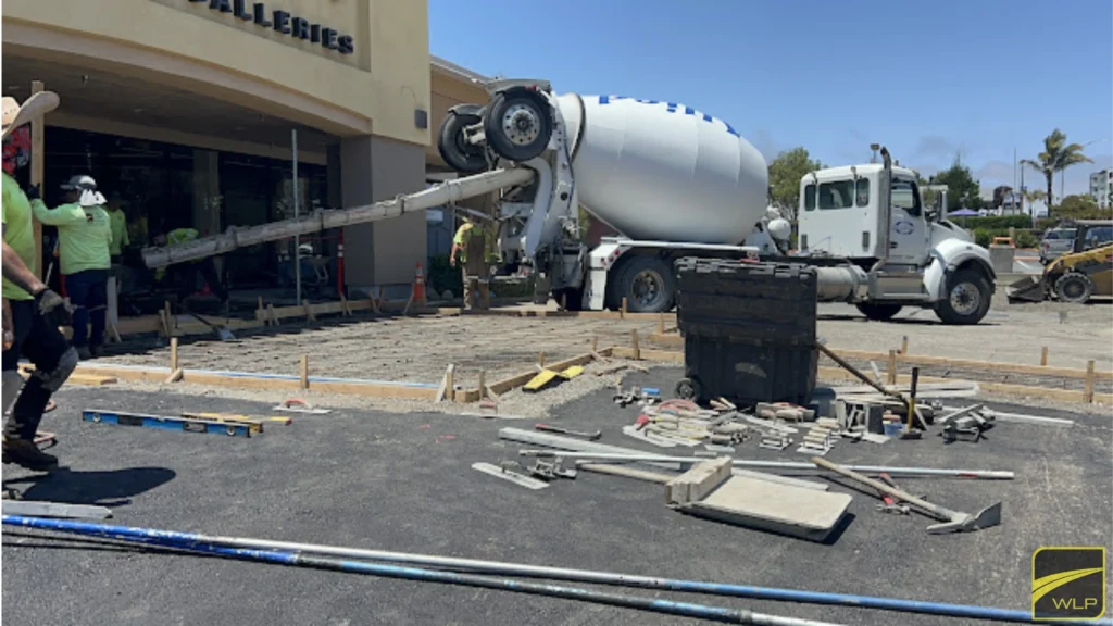 Concrete Contractors 1 Construction workers pouring fresh concrete for a new building entrance in California.
