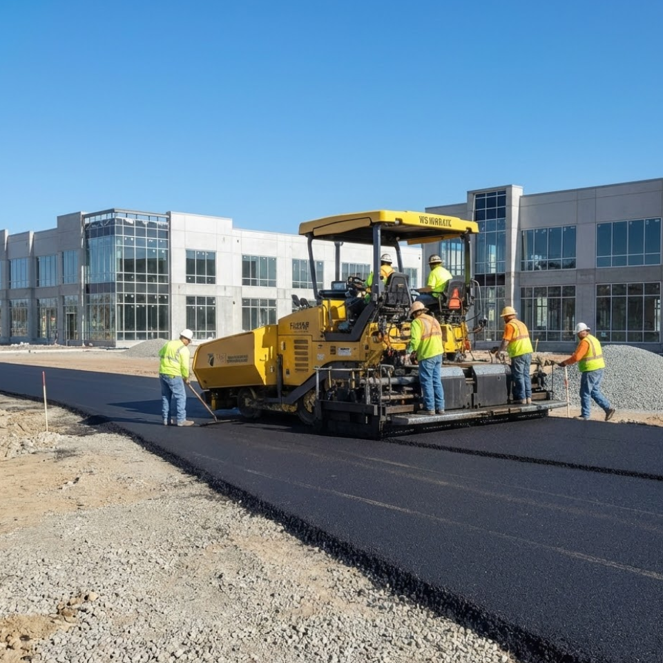Asphalt Paving 4 Workers paving asphalt on construction site
