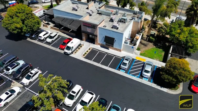 Aerial view of a parking lot.