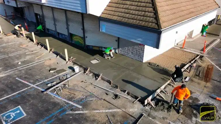 Workers pouring concrete sidewalk near building Project by We Love Paving in Northern California, CA.