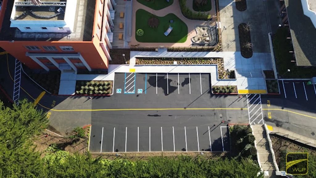 Playground Asphalt Services California 1 Aerial view of a parking lot. Project by We Love Paving in Northern California, CA.