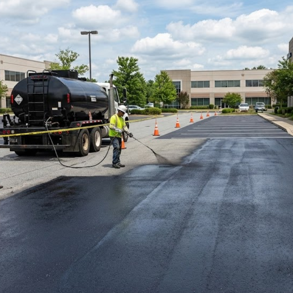 Sealcoating 3 Worker applying sealant to pavement. Project by We Love Paving in Northern California, CA.
