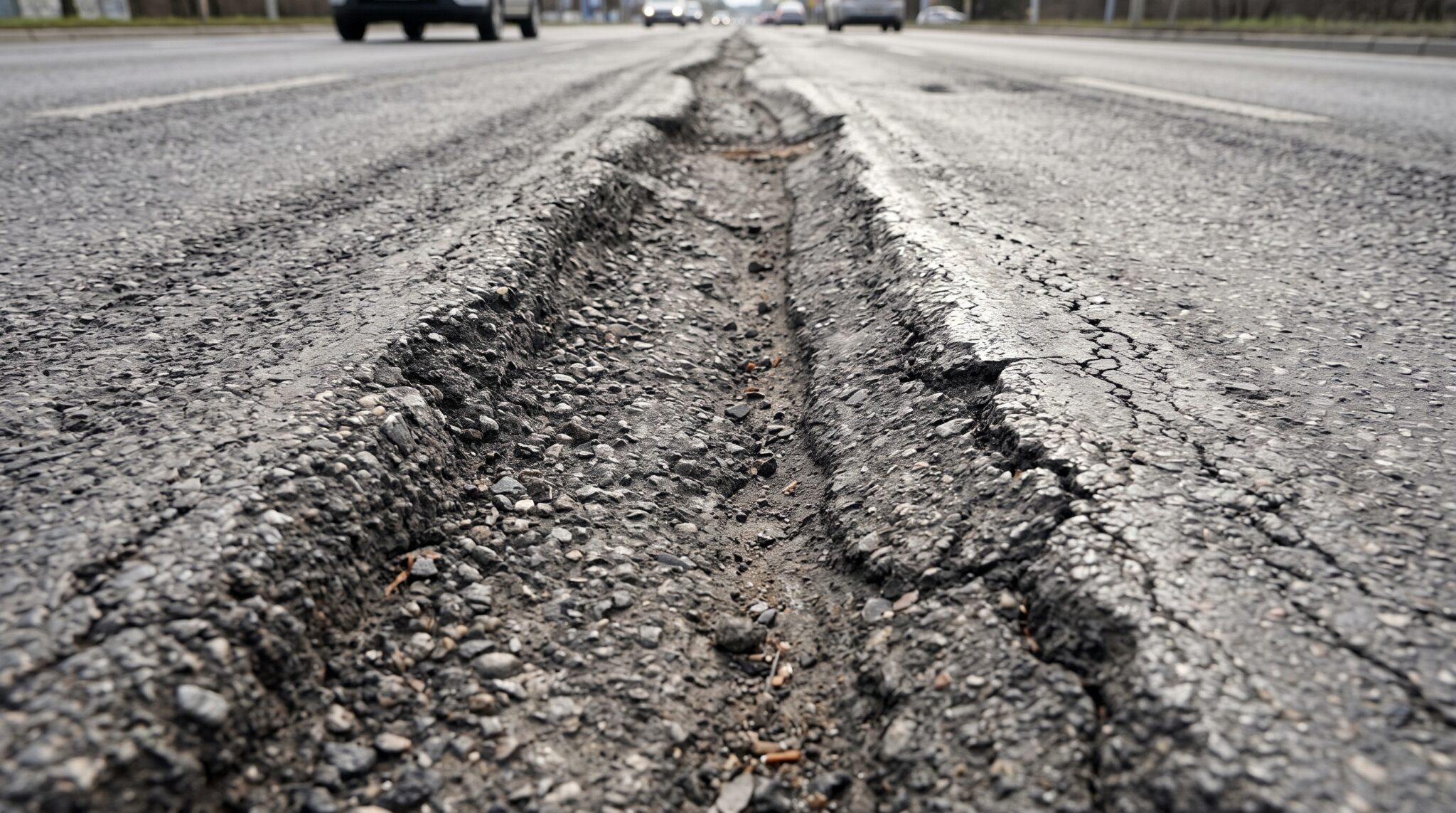 What Is Rutting in Asphalt? Causes, Severity, and Structural Repair Solutions 1 A close-up, ground-level shot showing severe, continuous rutting in asphalt pavement, featuring a deep longitudinal depression with deformed, cracked ridges along a roadway lane and blurred traffic in the background.