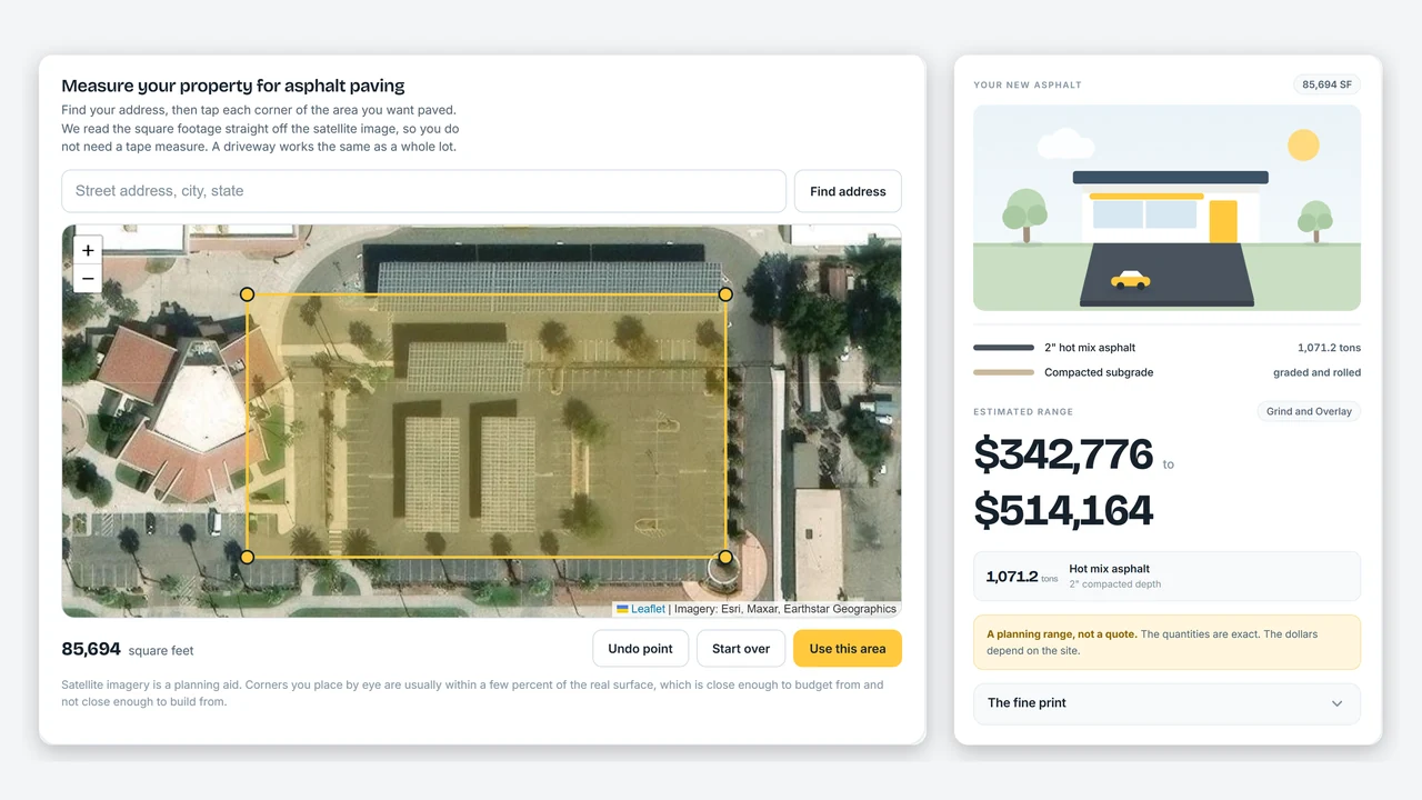Paving Toolkit 2 Asphalt calculator measuring a parking lot on a satellite map and estimating tons of asphalt and cost
