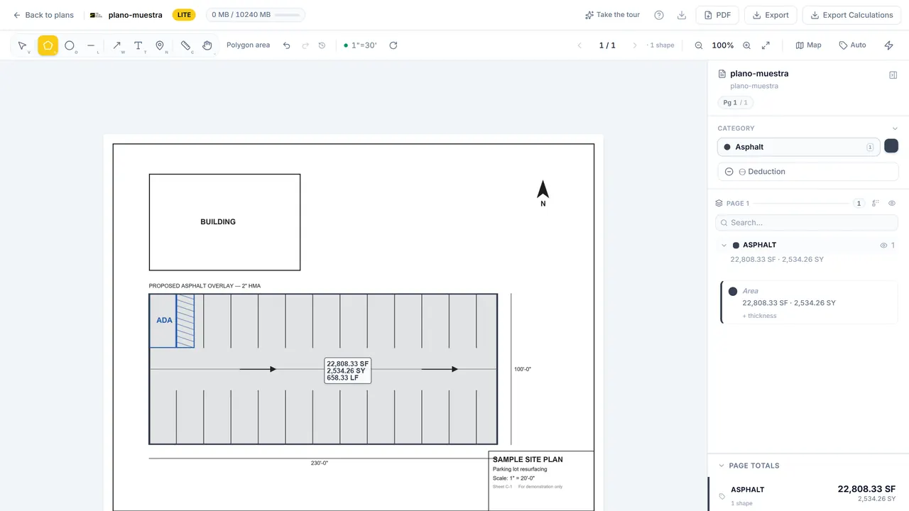 Paving Toolkit 5 Blueprint takeoff editor with a site plan loaded and a parking lot area measured in square feet